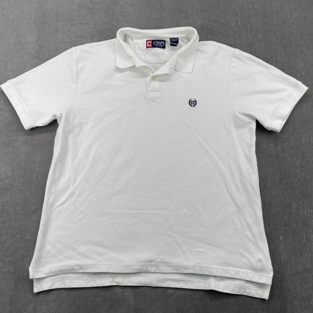 Chaps Men X-Large White Polo Shirt Short Sleeve Cotton Pique Crest Logo